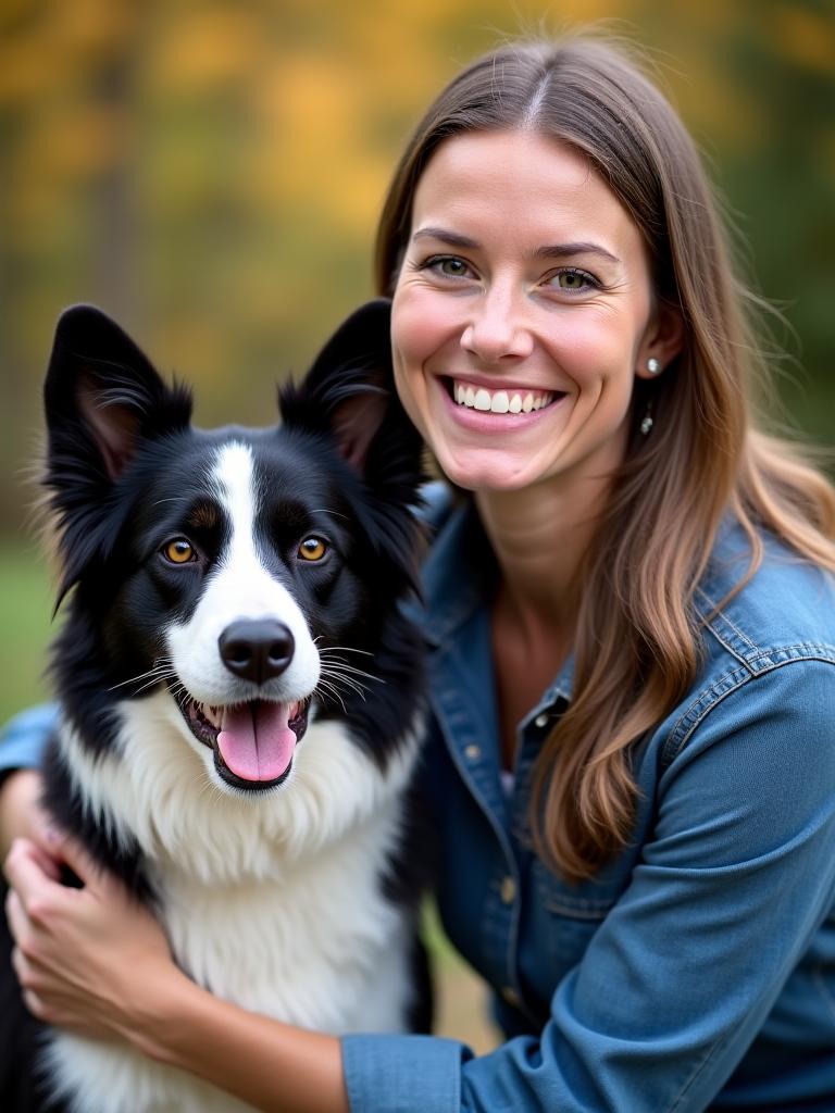 Una adiestradora certificada de CanLuz Coaching sonriendo junto a un perro bien educado.
