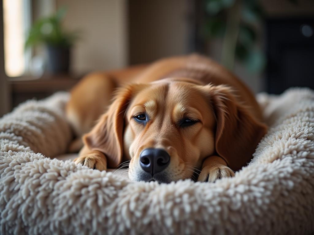 Perro en calma descansando en su cama, resultado de una terapia de comportamiento.