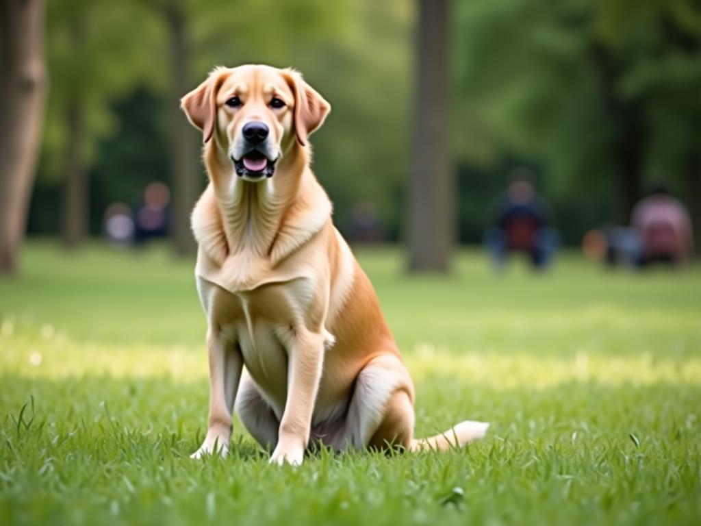 Perro sentado obedeciendo a su tutor durante una clase de obediencia canina en Madrid.